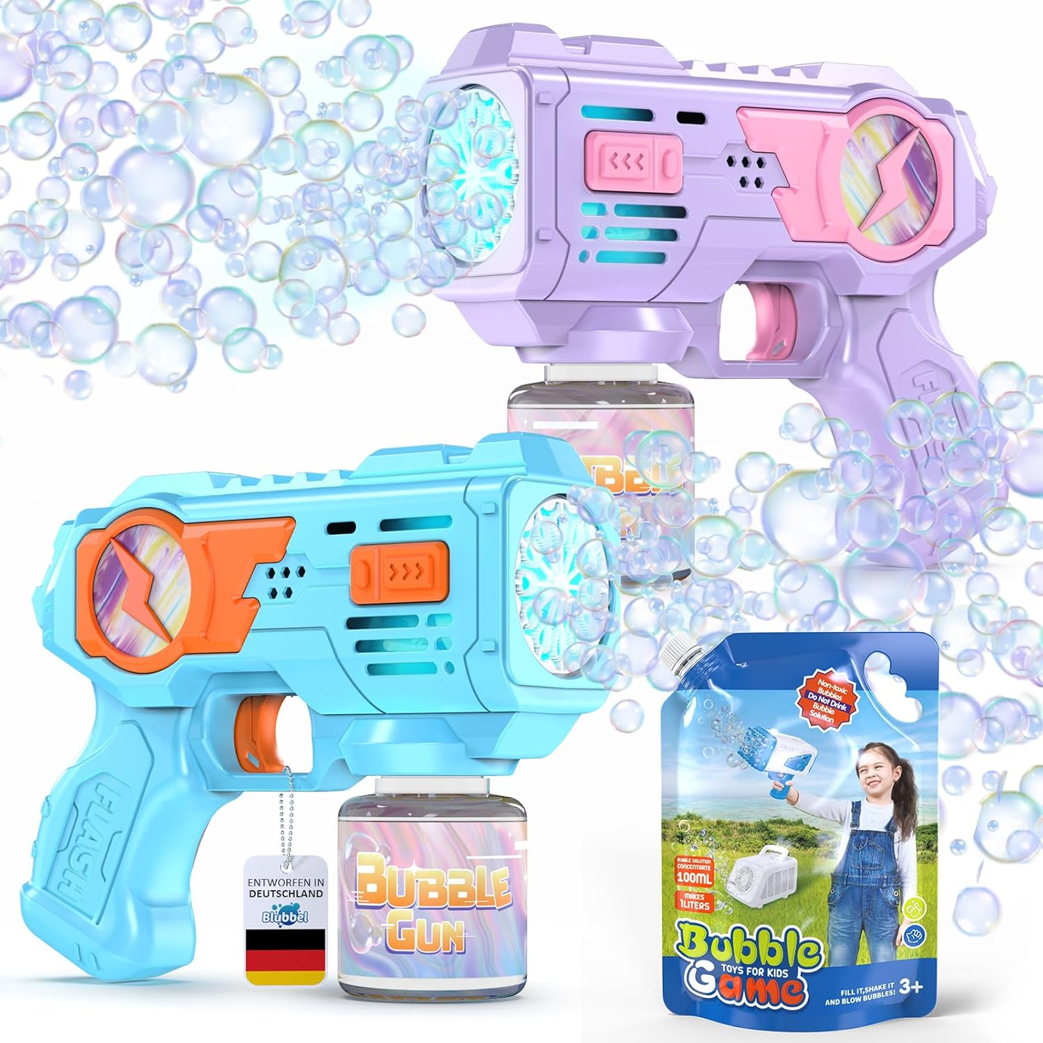 Blubbel 2x LED Seifenblasen-Pistole Set + 1 L Flüssigkeit