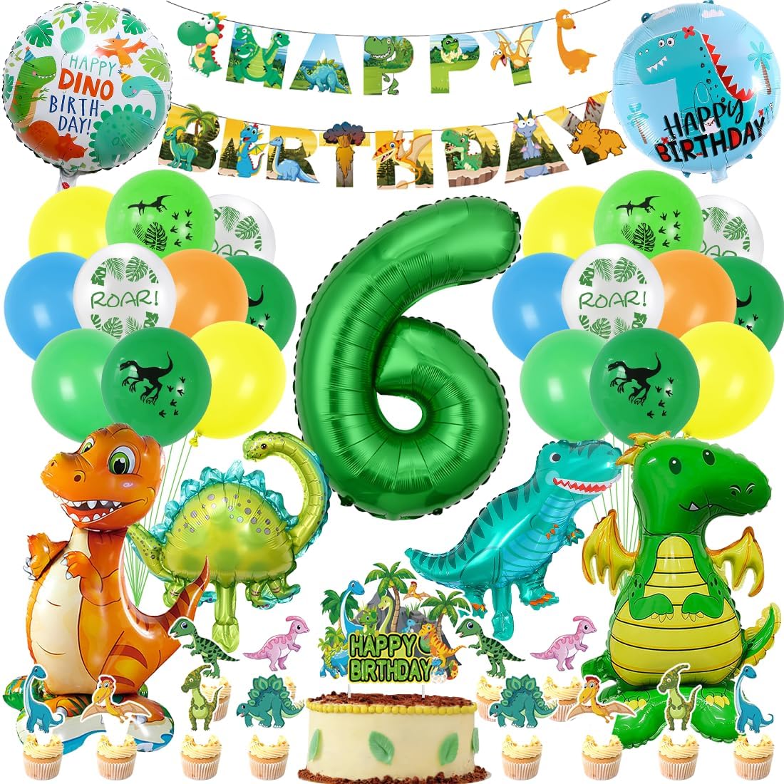 Dino Kindergeburtstag Deko Set 6 Jahre — XXL Folienballons, Girlande & Kuchendeko