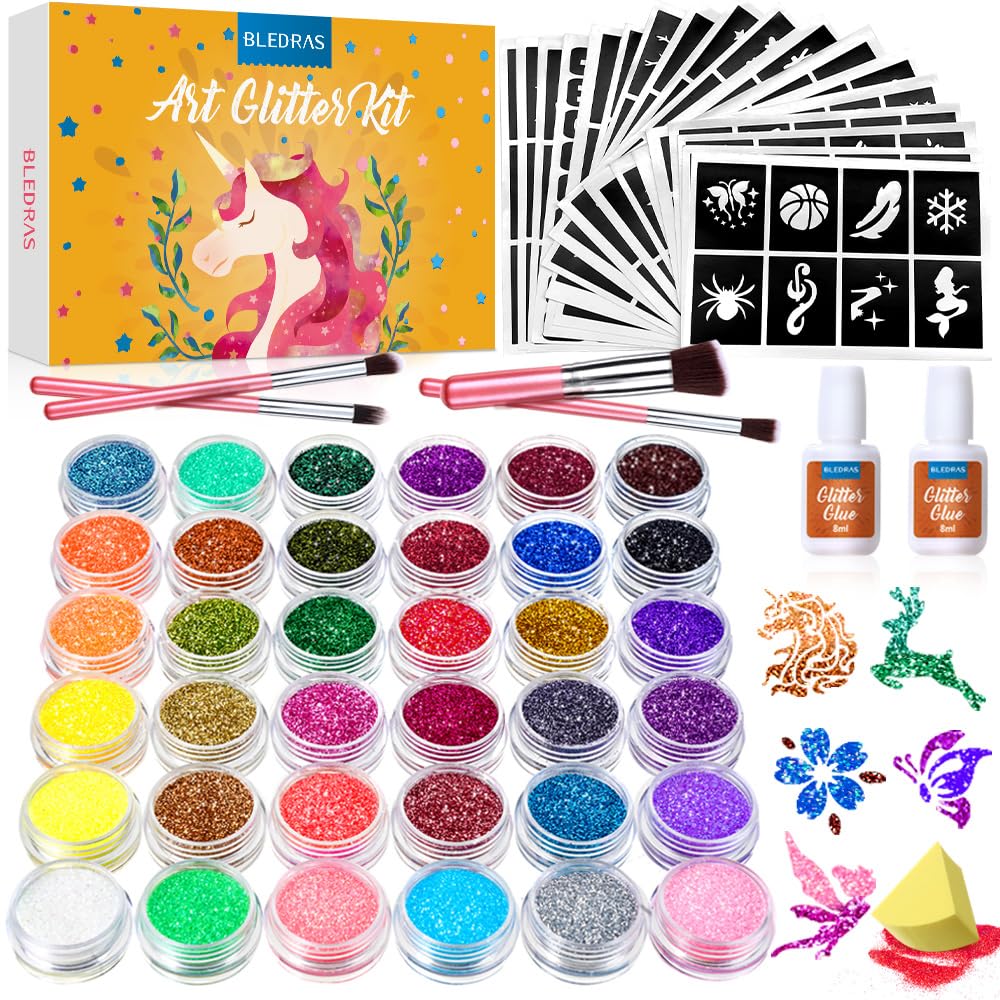 Bledras Glitter Tattoo Set Kids, 36 Colors, 178 Stencils