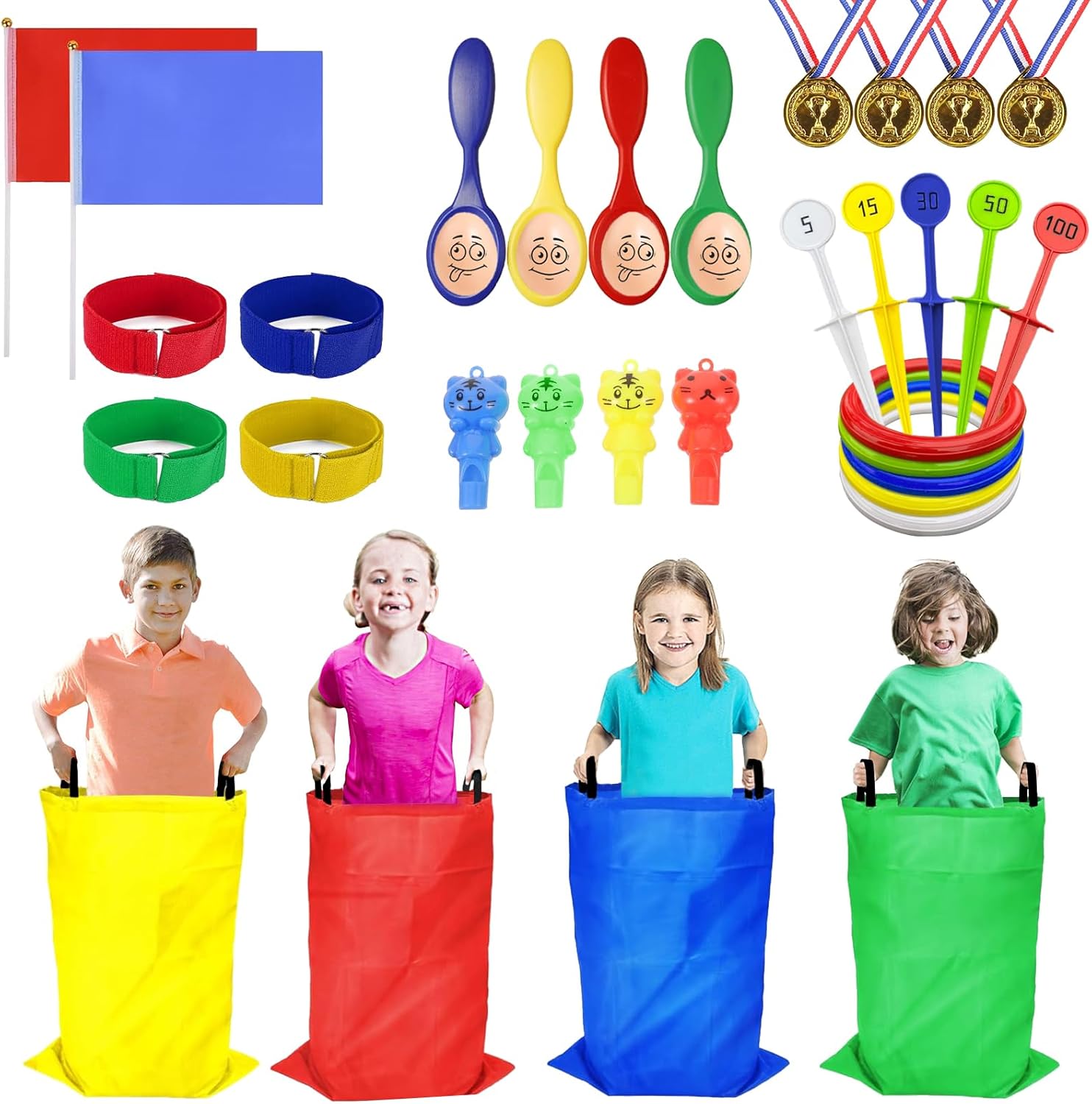 Outdoor Partyspiele 36-tlg. Set — Sackhüpfen, Eierlaufen, 3-Bein-Rennen
