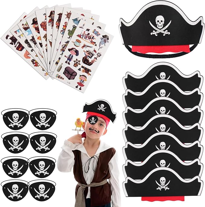 Piraten Kindergeburtstag Set — 8 Hüte, 8 Augenklappen, 10 Tattoos