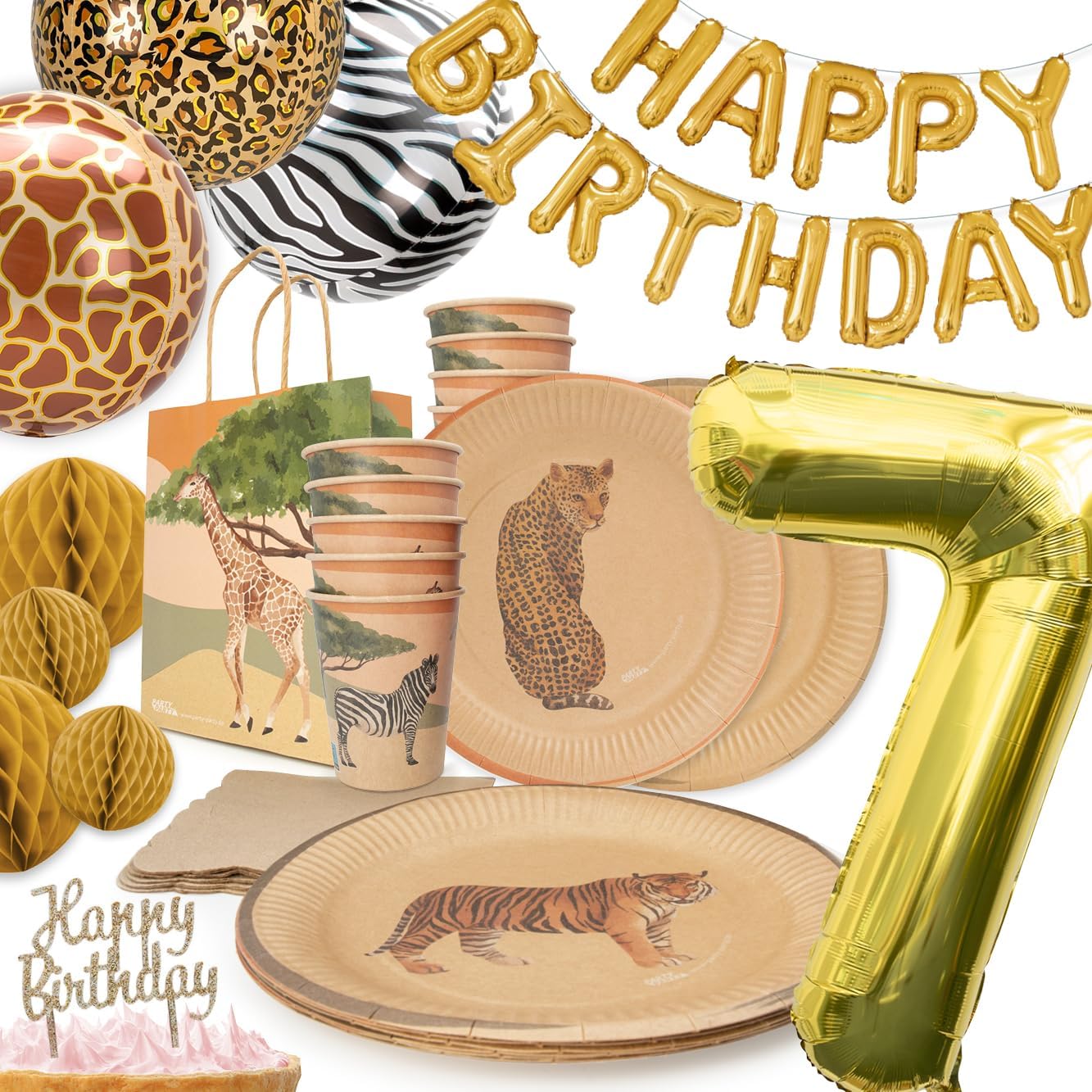 Safari Party-Set 62-tlg. 7. Geburtstag für 8 Gäste — Zootiere Partygeschirr