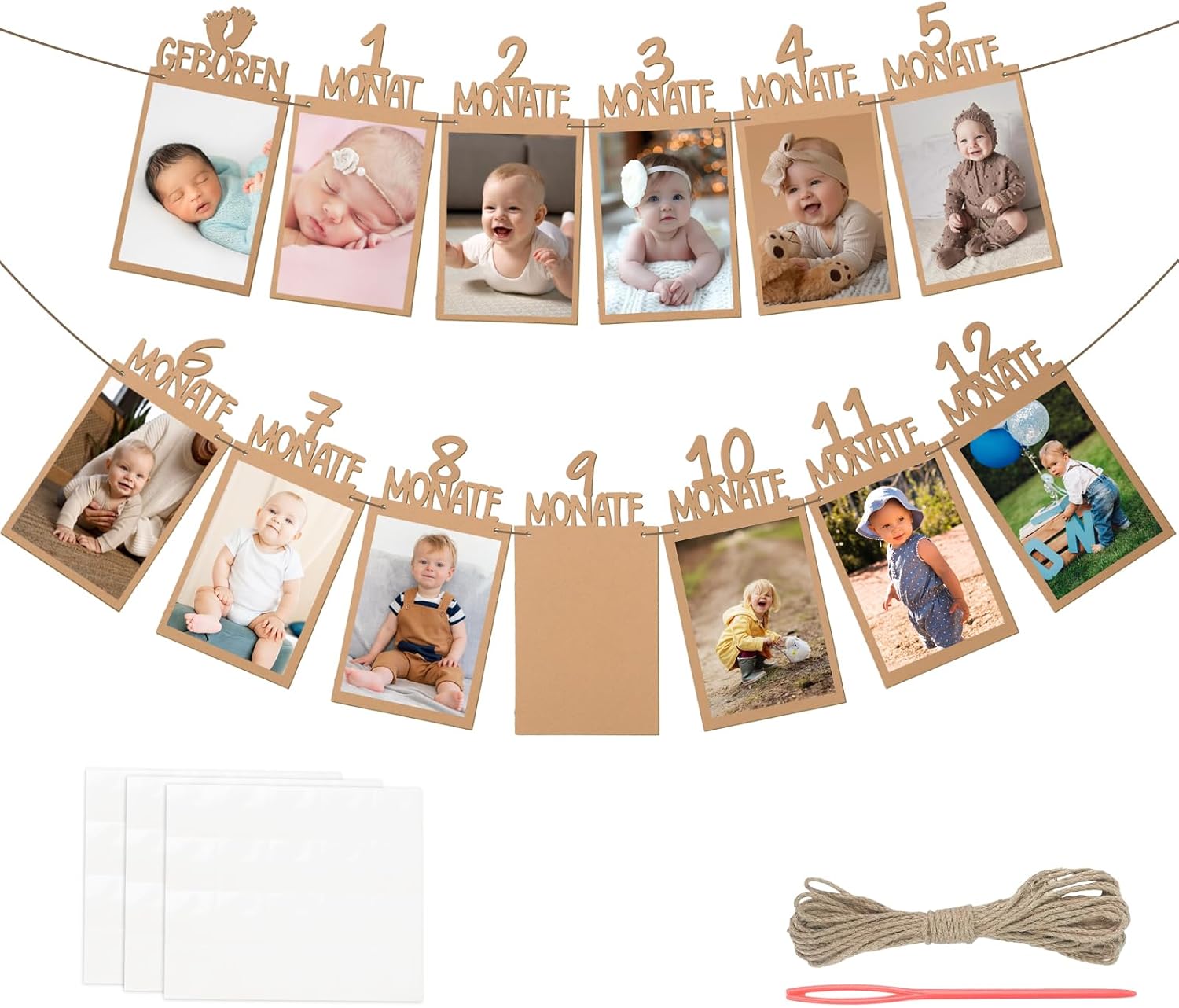 Fotogirlande 1. Geburtstag — 1–12 Monate Kraftpapier Baby-Deko