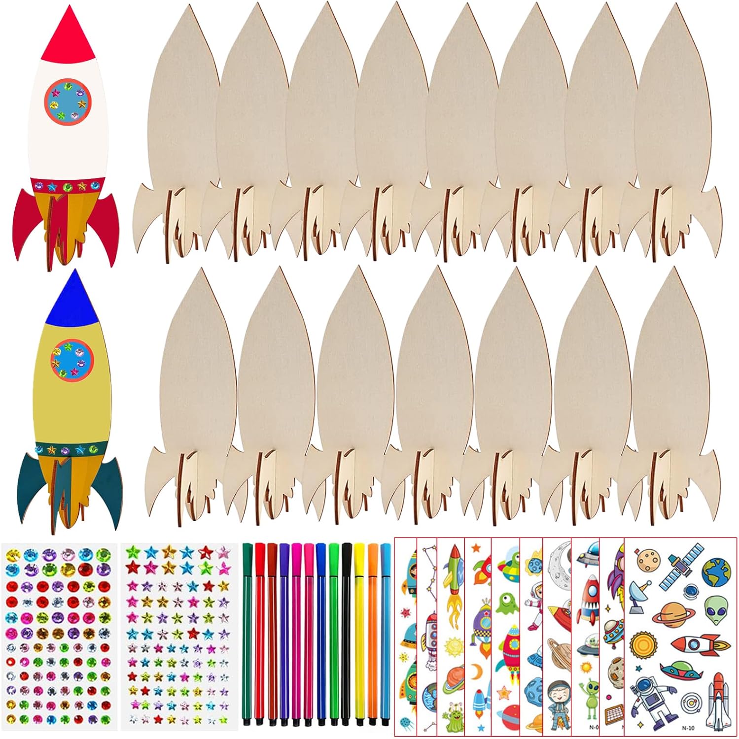 Wooden Rocket Craft Set 246 pcs — DIY Kids Birthday with Pens