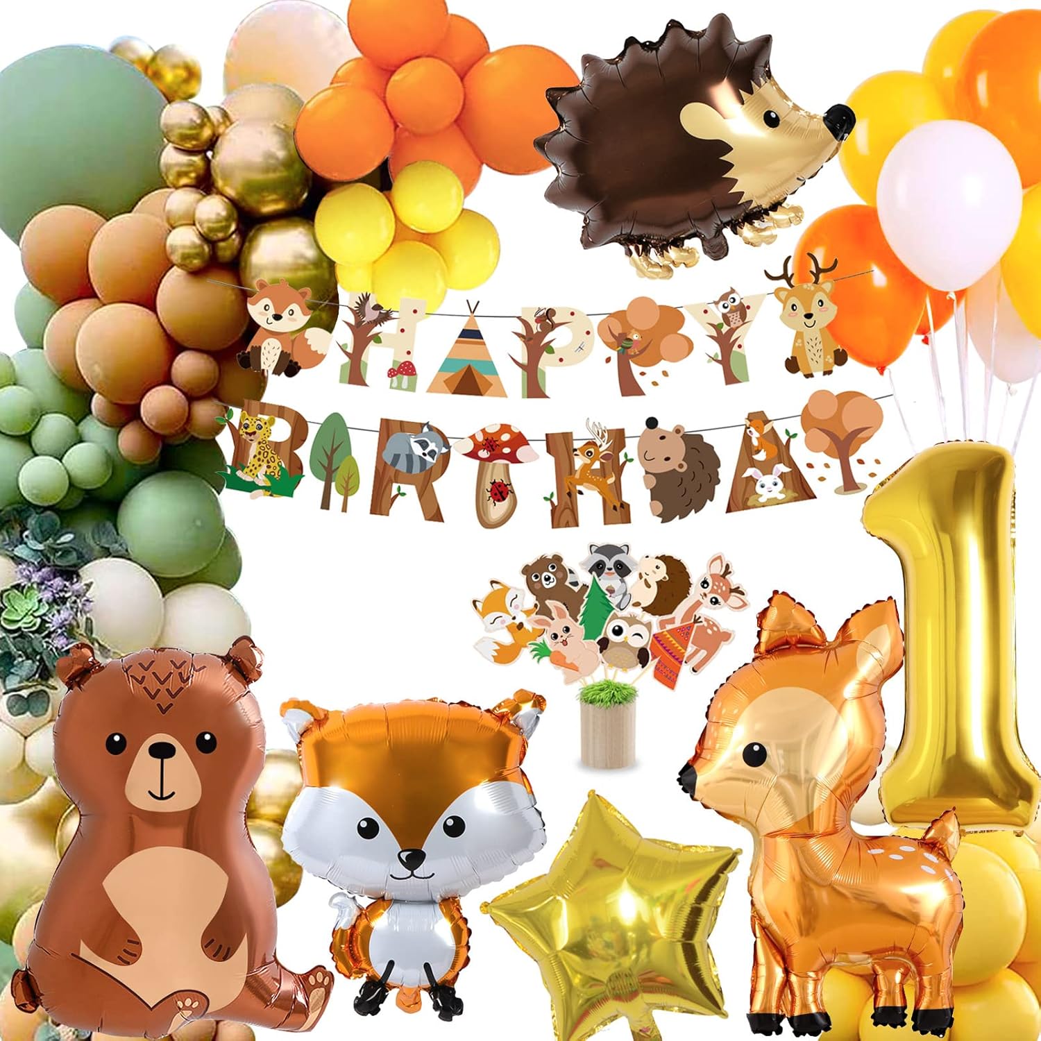 Waldtiere Geburtstag Deko Set 1 Jahr — Luftballons, Banner & Kuchendeckel