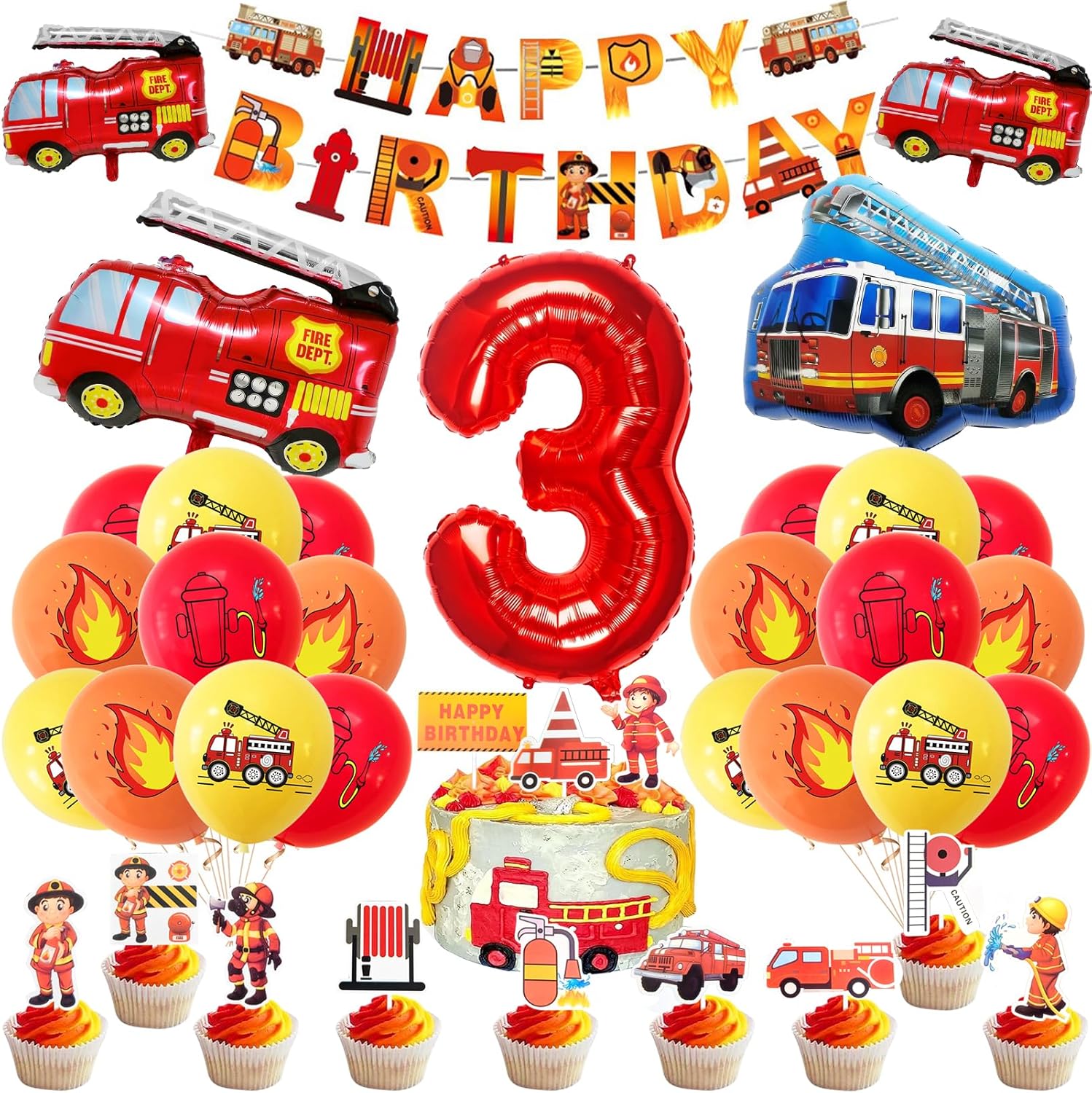 Fire Truck Birthday Decoration Set 3 Years 36-Piece