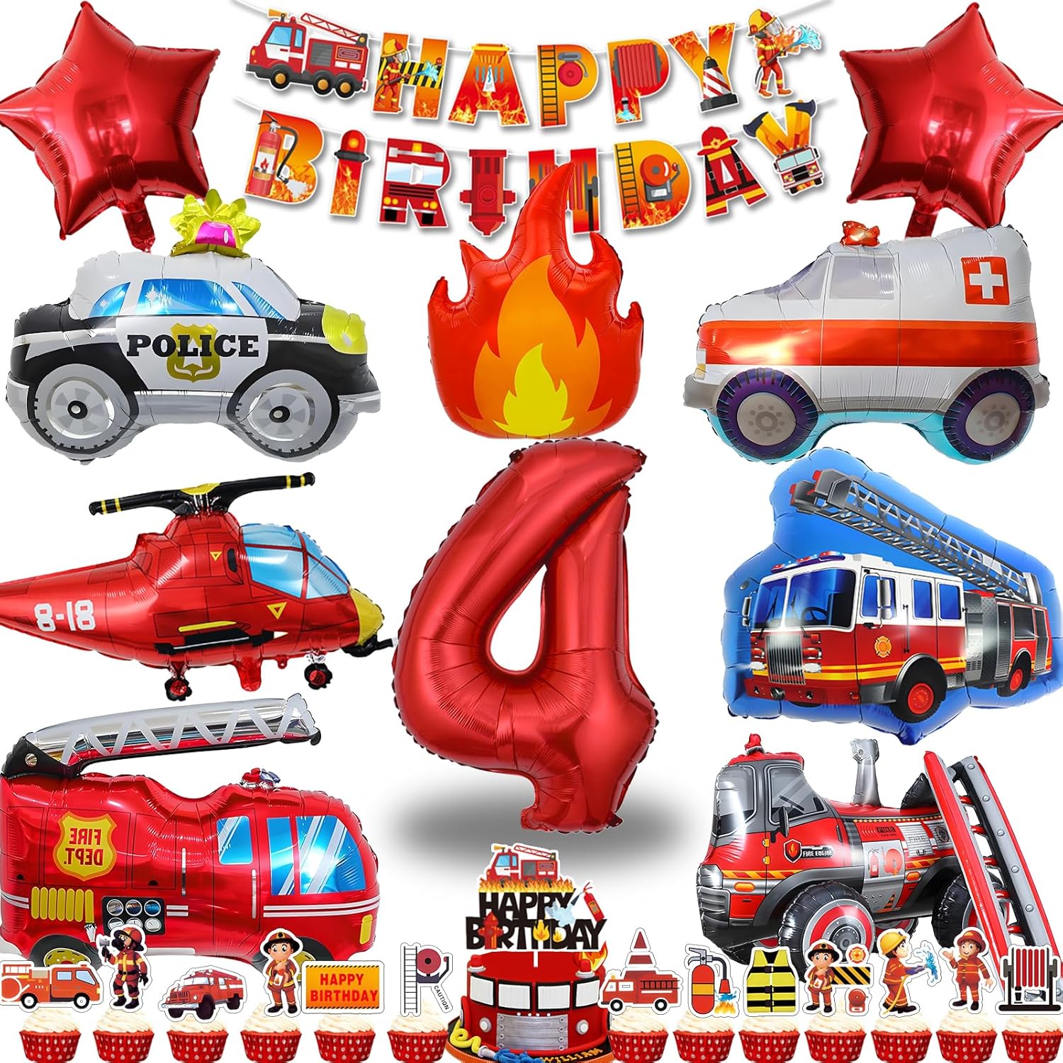 Fire Truck Kids Birthday Decoration Set 4 Years — XXL Foil Balloons