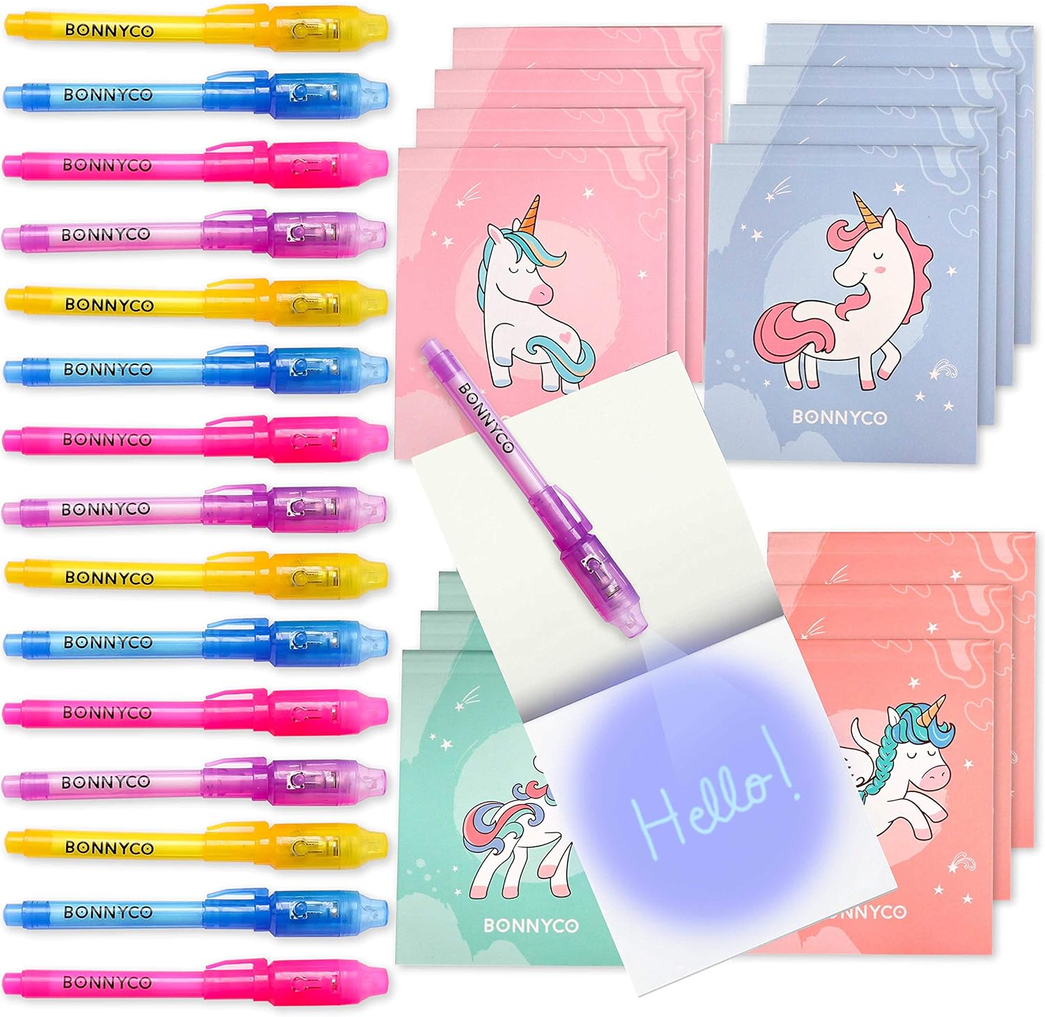 BONNYCO 16 Stück UV-Stift & Notizbuch Einhorn Mitgebsel Kindergeburtstag