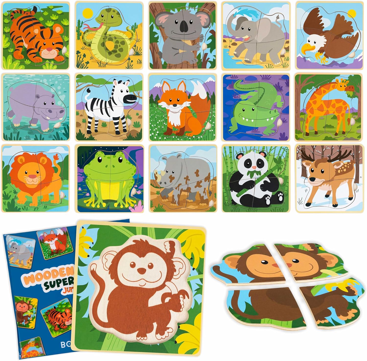 BONNYCO 16 Stück Holzpuzzle 4-teilig Mitgebsel Kindergeburtstag